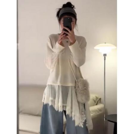 BY10131# 韩版中长款不规则假两件蕾丝拼接长袖T恤女修身显瘦打底衫上衣潮 服裝批發女裝批發服飾貨源