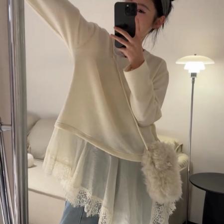 BY10131# 韩版中长款不规则假两件蕾丝拼接长袖T恤女修身显瘦打底衫上衣潮 服裝批發女裝批發服飾貨源