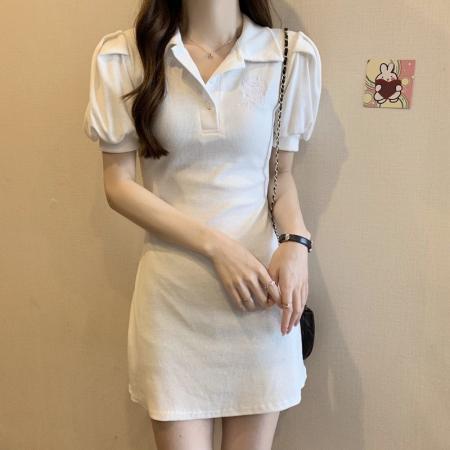 甜辣风Polo领连衣裙女夏季新款收腰显瘦泡泡袖短袖A字裙子潮 服裝批發女裝批發服飾貨源
