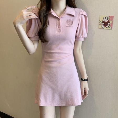 甜辣风Polo领连衣裙女夏季新款收腰显瘦泡泡袖短袖A字裙子潮 服裝批發女裝批發服飾貨源