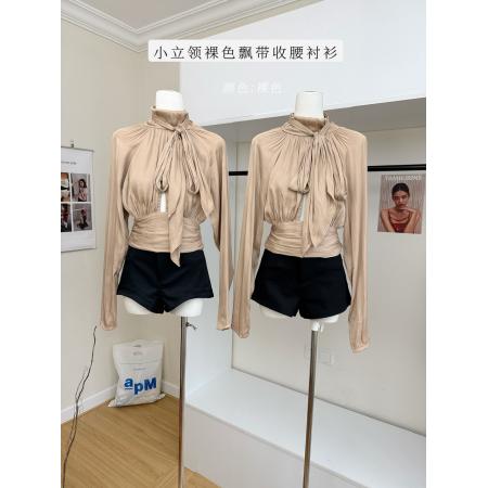 BY10137# 波尔多情裸色飘带衬衫女短款收腰修身秋季长袖小立领上衣 服裝批發女裝批發服飾貨源