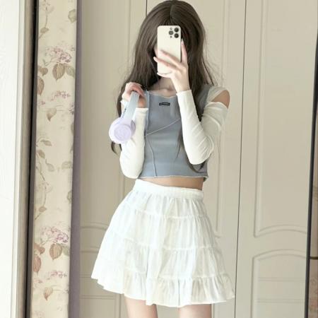 BY10139# 紧身露肩短款T恤女春秋新款修身辣妹 服裝批發女裝批發服飾貨源