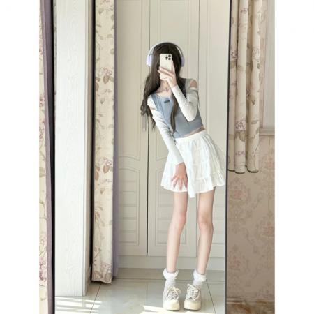 BY10139# 紧身露肩短款T恤女春秋新款修身辣妹 服裝批發女裝批發服飾貨源