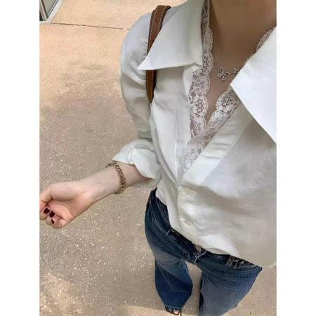 BY10140# 法式气质长袖白衬衫女早春新款衬衣高级感蕾丝拼接假两件上衣 服裝批發女裝批發服飾貨源