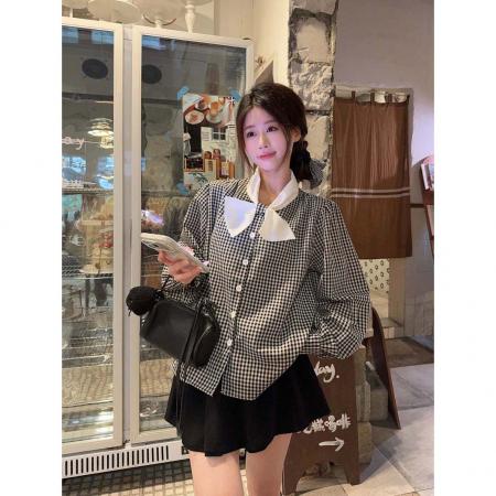 BY10146# 复古小众立领蝴蝶结撞色格子长袖衬衫女春款韩版气质休闲上衣 服裝批發女裝批發服飾貨源