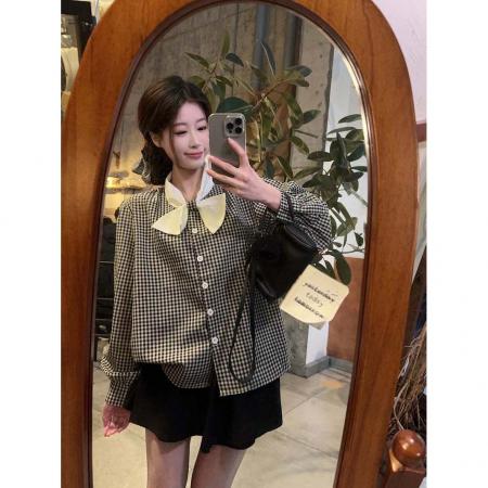BY10146# 复古小众立领蝴蝶结撞色格子长袖衬衫女春款韩版气质休闲上衣 服裝批發女裝批發服飾貨源