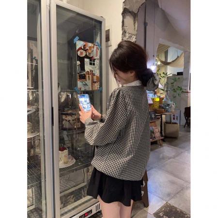 BY10146# 复古小众立领蝴蝶结撞色格子长袖衬衫女春款韩版气质休闲上衣 服裝批發女裝批發服飾貨源