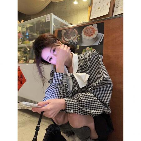 BY10146# 复古小众立领蝴蝶结撞色格子长袖衬衫女春款韩版气质休闲上衣 服裝批發女裝批發服飾貨源