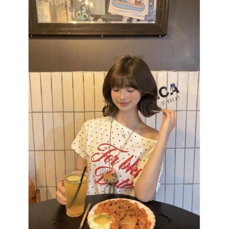 BY10147# 波点斜肩短袖t恤女夏季美式复古辣妹风设计感独特漂亮上衣显瘦 服裝批發女裝批發服飾貨源