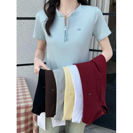 BY10148# 设计感小众半拉链短袖t恤夏新款修身显瘦短款上衣 服裝批發女裝批發服飾貨源