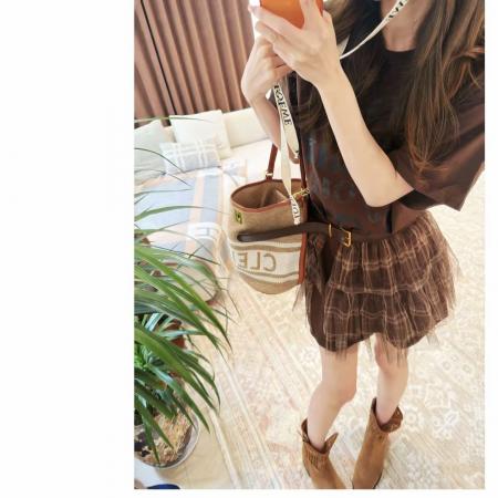 BY10152# 格纹拼接俩件套时尚网纱连衣裙 服裝批發女裝批發服飾貨源