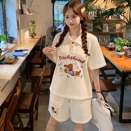 BY10154# 棉珠地原版毛巾绣学院风POLO衫两件套女可爱植绒小狗套装 服裝批發女裝批發服飾貨源