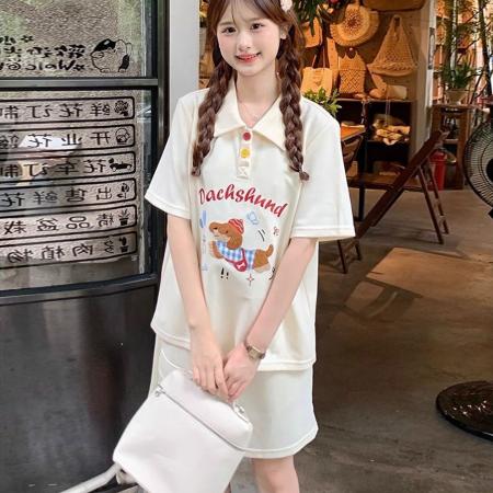 BY10154# 棉珠地原版毛巾绣学院风POLO衫两件套女可爱植绒小狗套装 服裝批發女裝批發服飾貨源