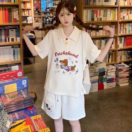 BY10154# 棉珠地原版毛巾绣学院风POLO衫两件套女可爱植绒小狗套装 服裝批發女裝批發服飾貨源