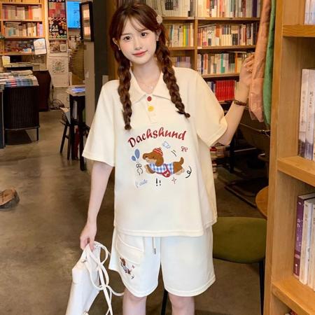 BY10154# 棉珠地原版毛巾绣学院风POLO衫两件套女可爱植绒小狗套装 服裝批發女裝批發服飾貨源