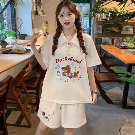 BY10154# 棉珠地原版毛巾绣学院风POLO衫两件套女可爱植绒小狗套装 服裝批發女裝批發服飾貨源