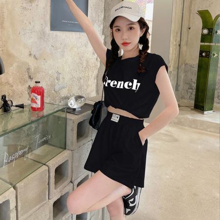 BY10155# 新款盐系减龄字母套装女夏季运动风露背上衣阔腿短裤两件套女 服裝批發女裝批發服飾貨源