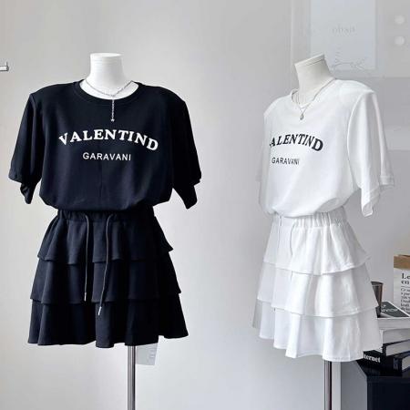 BY10159# 超火夏装一整套穿搭女新款慵懒风宽松t恤+半身裙减龄两件套 服裝批發女裝批發服飾貨源