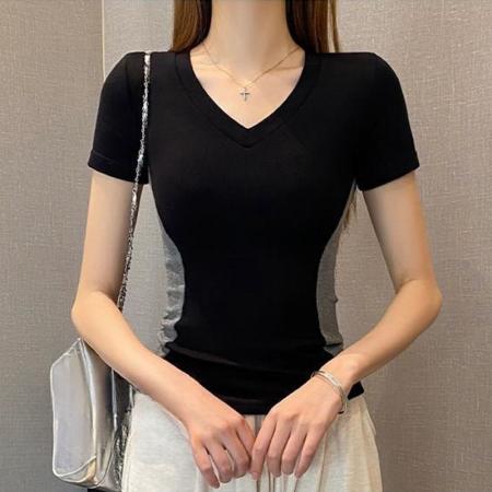 BY10161# 人棉夏季新款V领短袖T恤女百搭撞色气质修身V领上衣 服裝批發女裝批發服飾貨源