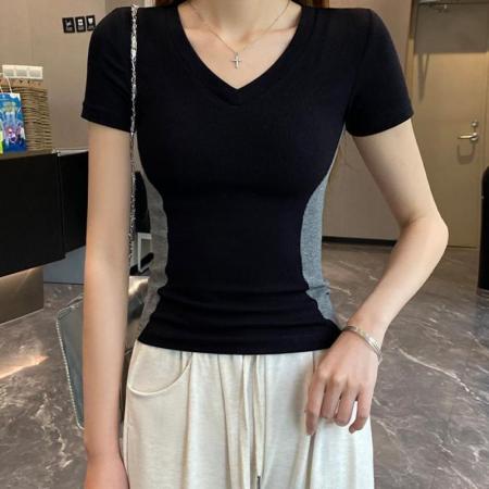 BY10161# 人棉夏季新款V领短袖T恤女百搭撞色气质修身V领上衣 服裝批發女裝批發服飾貨源