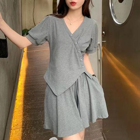 BY10162# 两件套不规则V领短袖T恤夏季韩版新款修身显瘦抽绳短款套装女 服裝批發女裝批發服飾貨源