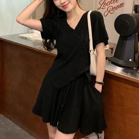 BY10162# 两件套不规则V领短袖T恤夏季韩版新款修身显瘦抽绳短款套装女 服裝批發女裝批發服飾貨源