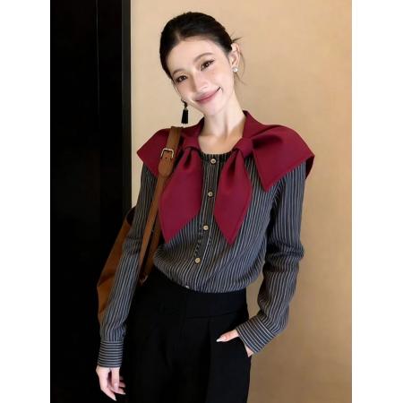 BY10168# 春季新款绝美巨好看时尚独特漂亮减龄气质百搭灰色海军领衬衫 服裝批發女裝批發服飾貨源