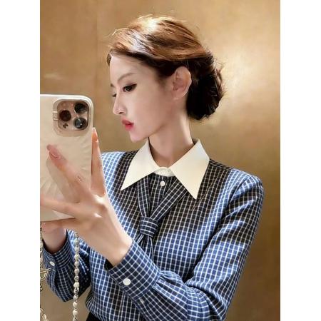 BY10169# 春季新款可拆卸领带设计撞色翻领拼接气质格纹收腰长袖衬衫女 服裝批發女裝批發服飾貨源