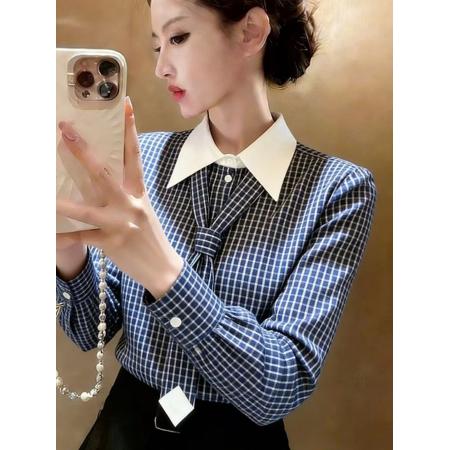 BY10169# 春季新款可拆卸领带设计撞色翻领拼接气质格纹收腰长袖衬衫女 服裝批發女裝批發服飾貨源