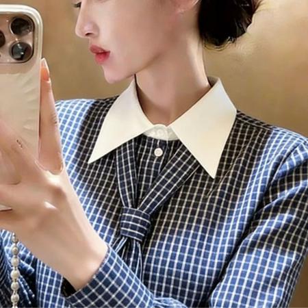 BY10169# 春季新款可拆卸领带设计撞色翻领拼接气质格纹收腰长袖衬衫女 服裝批發女裝批發服飾貨源
