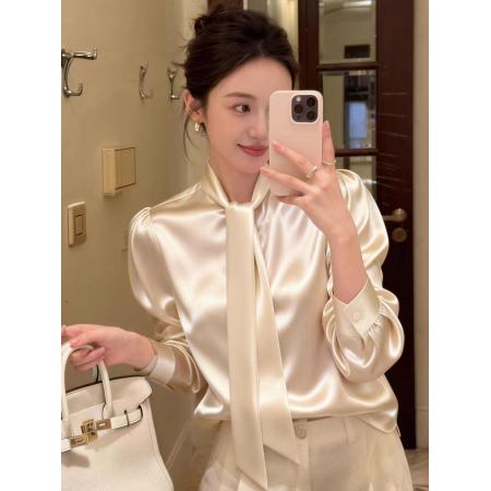 BY10171# 法式气质白色蝴蝶结雪纺衬衫女春季新款立体花朵系带洋气上衣 服裝批發女裝批發服飾貨源