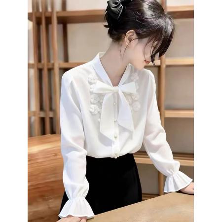 BY10172# 法式别致蝴蝶结衬衫女春秋新品设计感小众上衣气质叠穿衬衣 服裝批發女裝批發服飾貨源