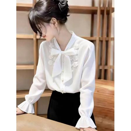 BY10172# 法式别致蝴蝶结衬衫女春秋新品设计感小众上衣气质叠穿衬衣 服裝批發女裝批發服飾貨源