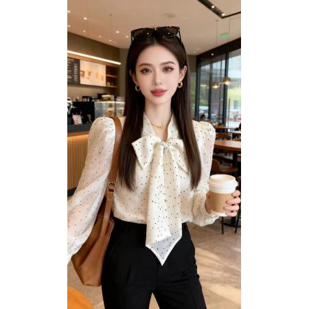 BY10173# 超好看法式白色波点蝴蝶结衬衫上衣女新款春季高级感通勤衬衣 服裝批發女裝批發服飾貨源