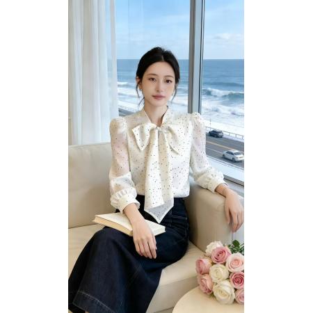 BY10173# 超好看法式白色波点蝴蝶结衬衫上衣女新款春季高级感通勤衬衣 服裝批發女裝批發服飾貨源