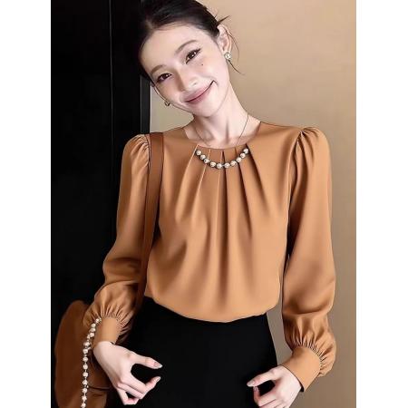 BY10174# 法式温柔风珍珠链条褶皱灯笼袖缎面衬衫女设计感小众遮肚上衣 服裝批發女裝批發服飾貨源