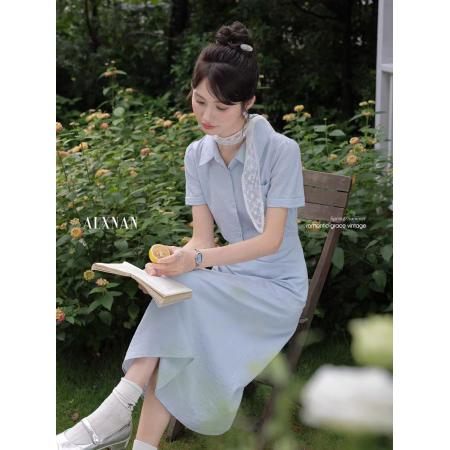 BY10176# 白棠雾黎法式气质polo领紫色连衣裙女夏季收腰衬衫裙子 服裝批發女裝批發服飾貨源