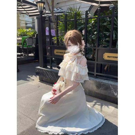 温柔甜美长款连衣裙优雅清楚系长裙日系两穿杏色巨好看约会夏 服裝批發女裝批發服飾貨源