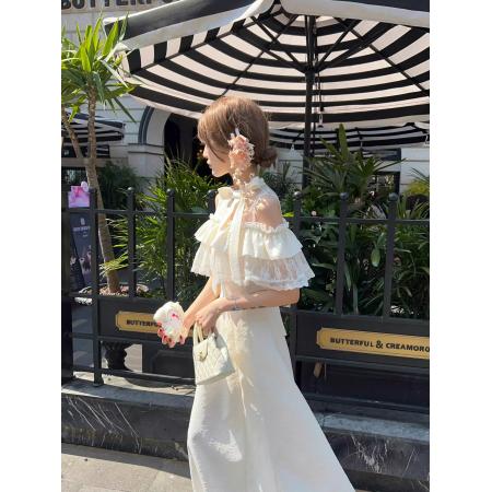 温柔甜美长款连衣裙优雅清楚系长裙日系两穿杏色巨好看约会夏 服裝批發女裝批發服飾貨源