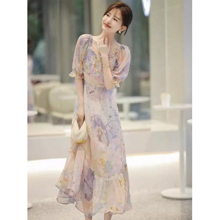 BY10179# 茶歇法式别致绝美温柔高级感名媛气质小香风紫色碎花连衣裙女长裙 服裝批發女裝批發服飾貨源