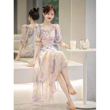 BY10179# 茶歇法式别致绝美温柔高级感名媛气质小香风紫色碎花连衣裙女长裙 服裝批發女裝批發服飾貨源