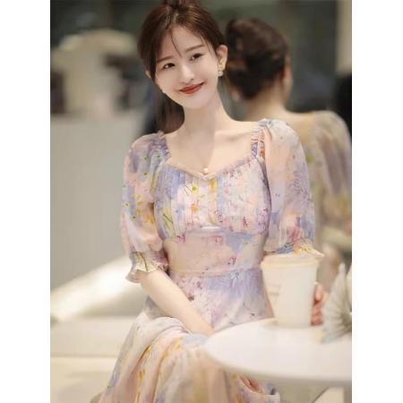 BY10179# 茶歇法式别致绝美温柔高级感名媛气质小香风紫色碎花连衣裙女长裙 服裝批發女裝批發服飾貨源