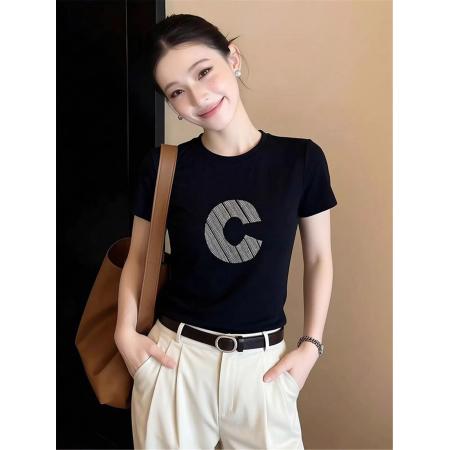 BY10181# 正肩短袖高弹力新款夏季修身显瘦洋气上衣 服裝批發女裝批發服飾貨源