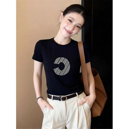 BY10181# 正肩短袖高弹力新款夏季修身显瘦洋气上衣 服裝批發女裝批發服飾貨源