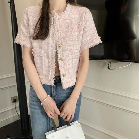 BY10182# 小香风外套女装秋冬新款粗花呢流苏短款百搭宽松洋气短袖上衣 服裝批發女裝批發服飾貨源