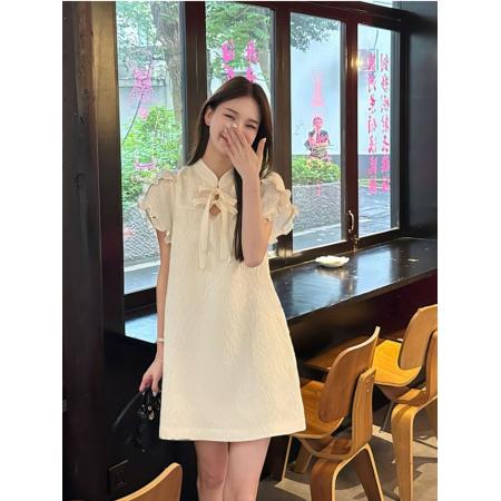 新中式立领短袖连衣裙女气质显瘦夏季中国风旗袍改良中长裙子 服裝批發女裝批發服飾貨源