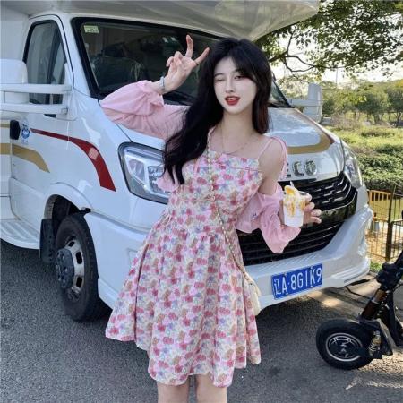 BY10184# 温柔风碎花吊带连衣裙女新款收腰显瘦很仙的打底A字裙子 服裝批發女裝批發服飾貨源