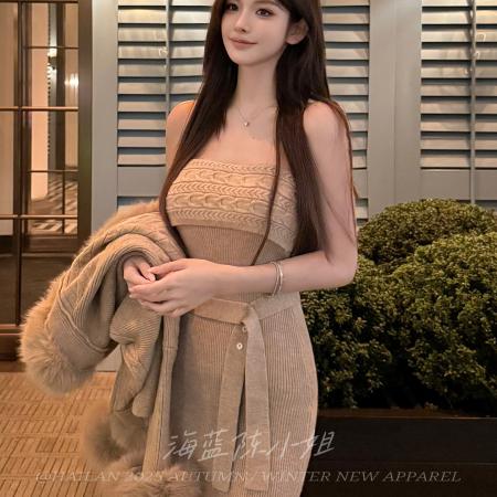 美拉德风慵懒抹胸针织连衣裙春秋季修身显身材性感包臀短裙 服裝批發女裝批發服飾貨源