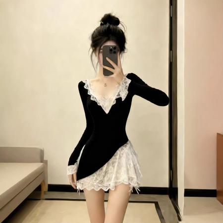 春季气质高级感纯欲御姐风黑色拼...