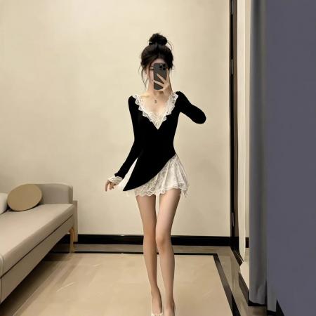 春季气质高级感纯欲御姐风黑色拼接蕾丝V领修身长袖高腰连衣裙女 服裝批發女裝批發服飾貨源